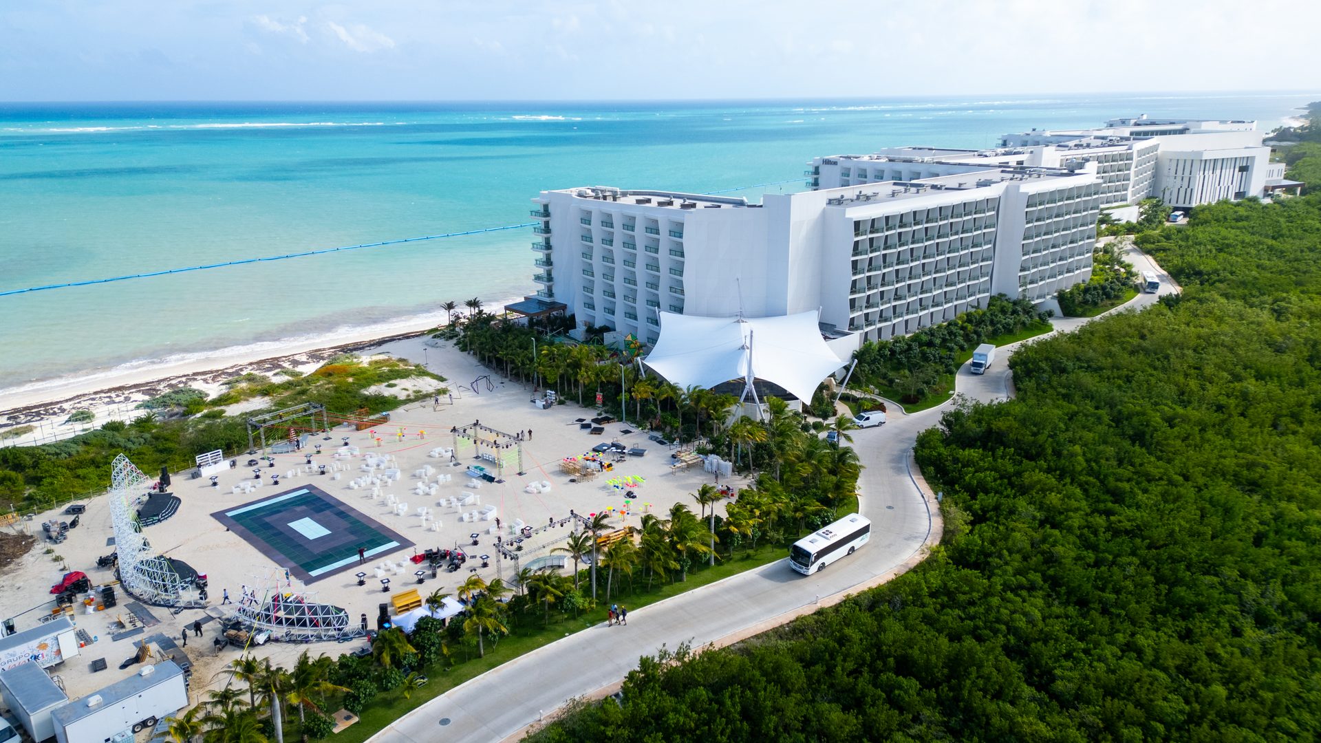 Aerial event production setup Hilton Cancún