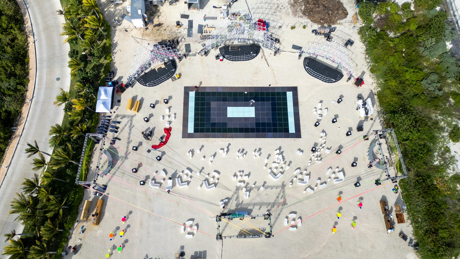 Aerial event setup dance floor Hilton Cancún