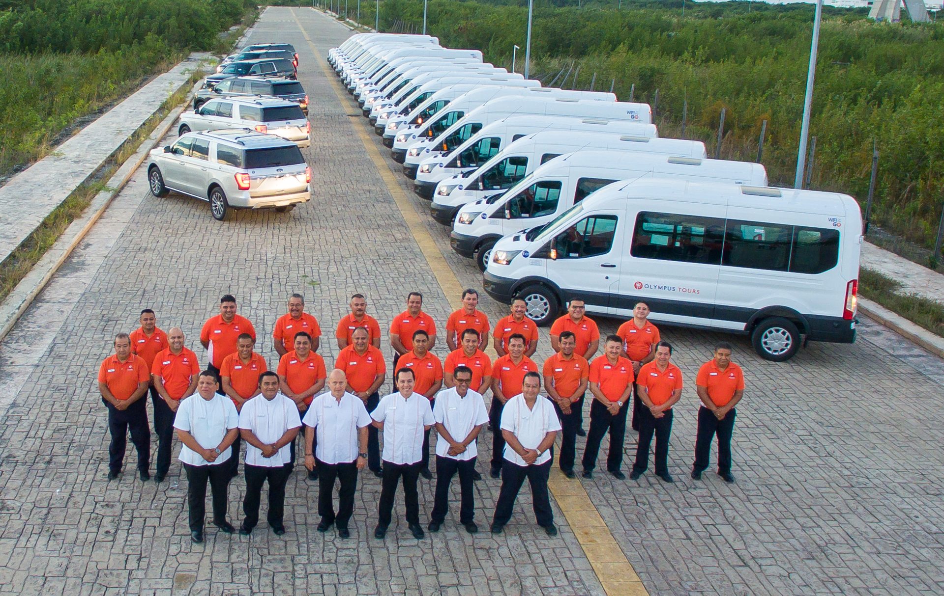 Aerial drone group photo corporate event Cancún