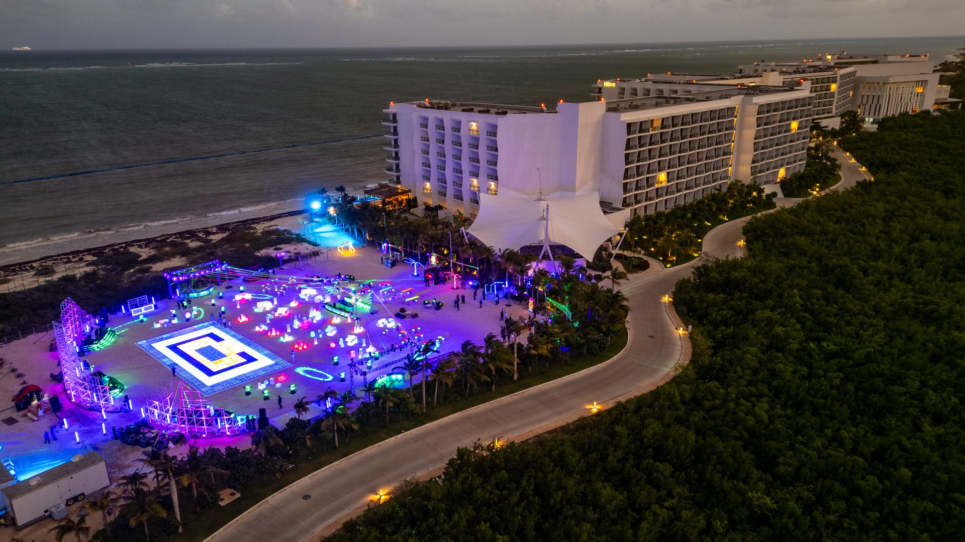 Aerial incentive event neon gala Hilton Cancún